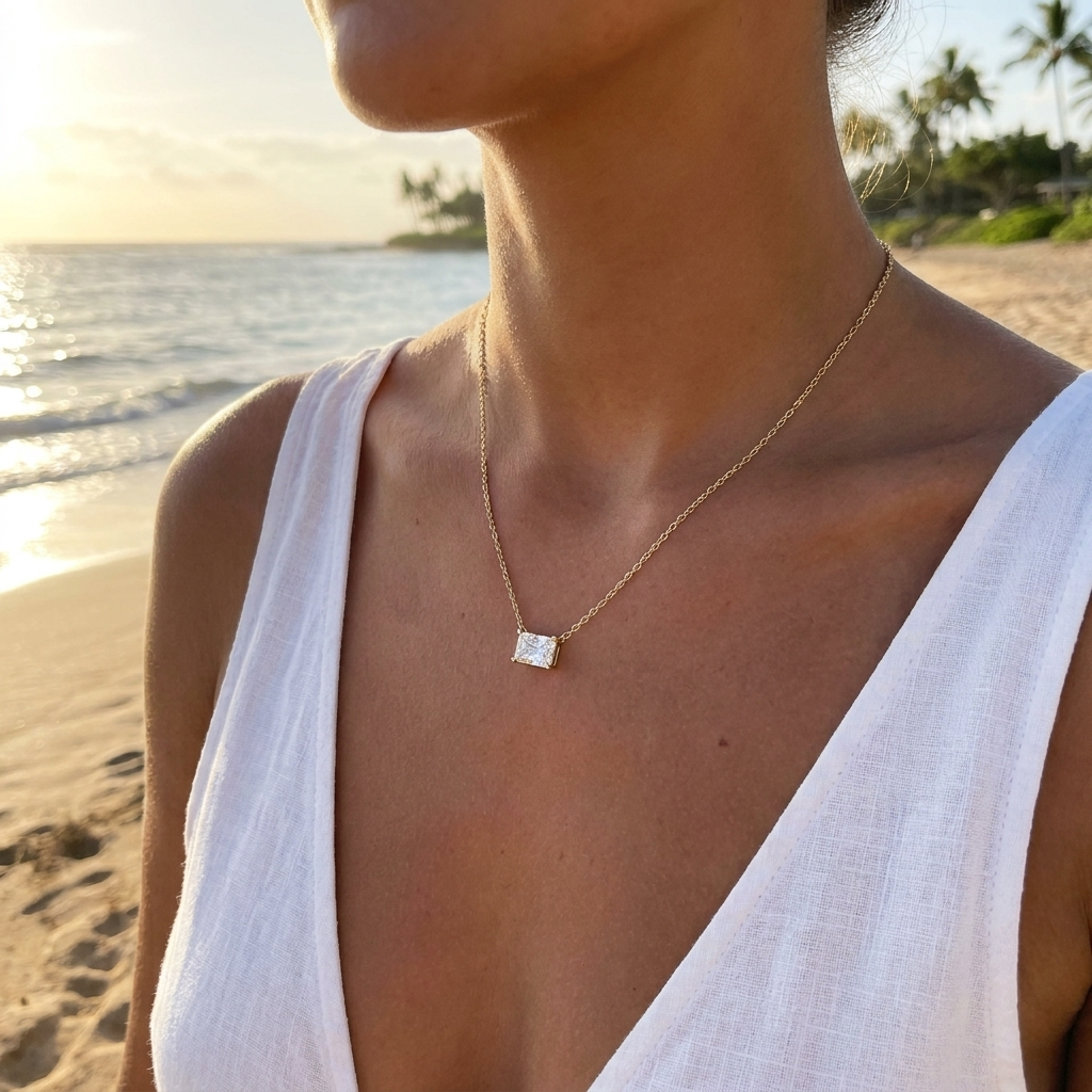 Imperia radiant diamond pendant on a fine gold cable chain