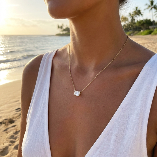 Imperia radiant diamond pendant on a fine gold cable chain