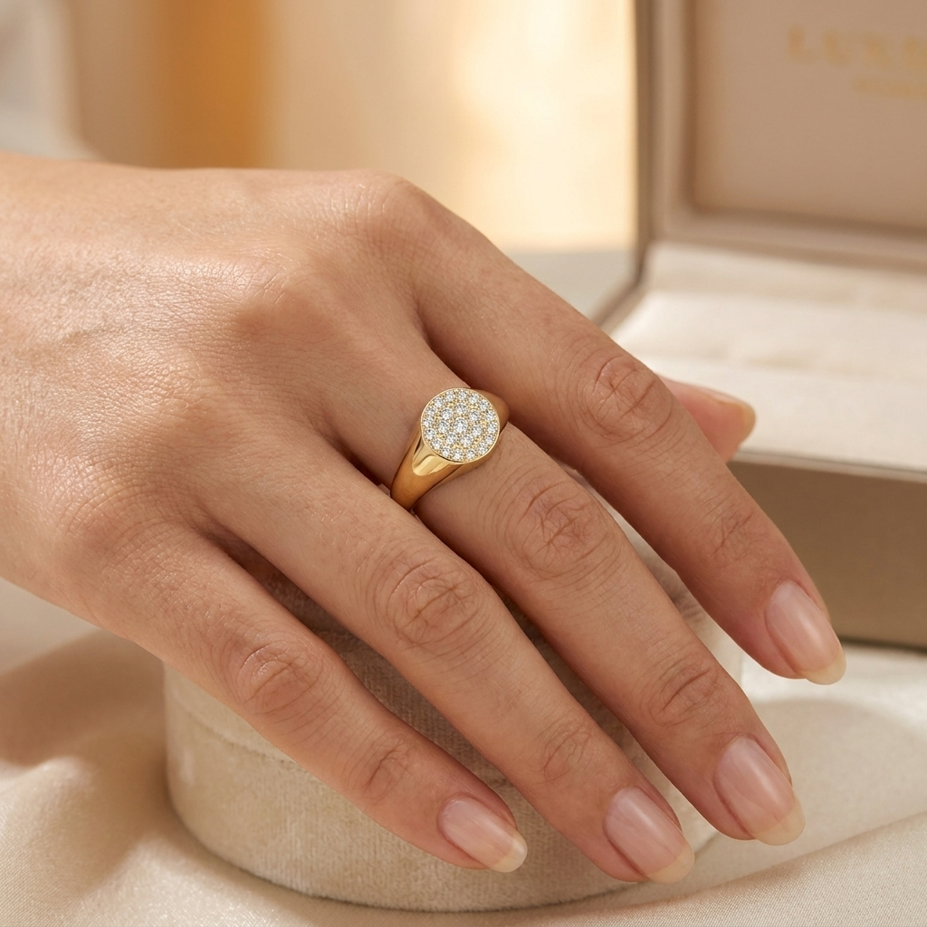 Close-up of the pavé signet face set with 22 round brilliant F VS diamonds
