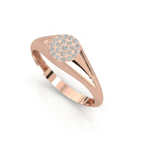 Side view of the Aurora gold signet ring showing the flat pavé diamond face