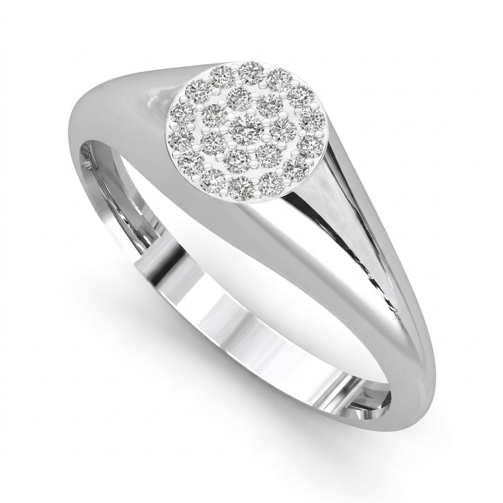 Aurora diamond signet ring worn on the hand, showing the pavé face