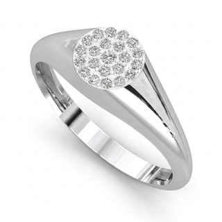 Aurora diamond signet ring worn on the hand, showing the pavé face