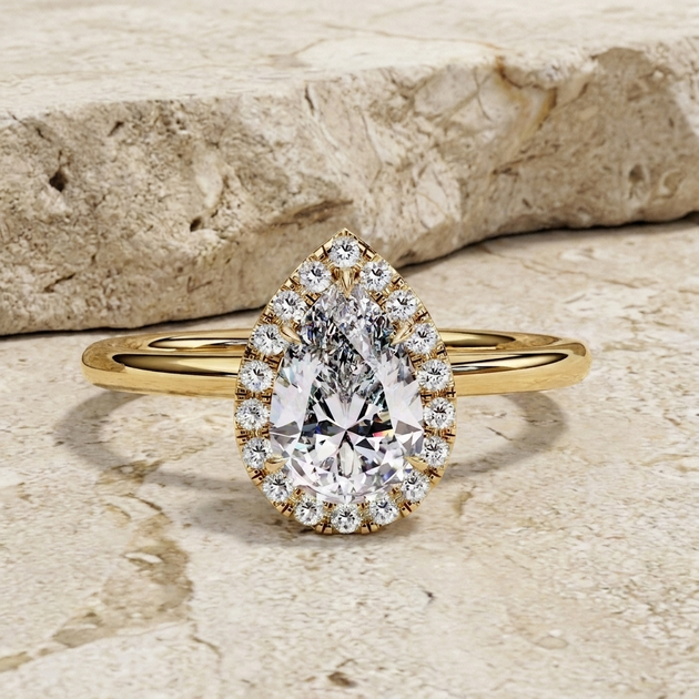 Halo Lumina Pear Solitaire - pear halo engagement ring - on hand - Lucano