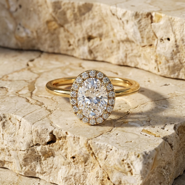 Halo Lumina Oval Solitaire - oval halo engagement ring - angled view - Lucano