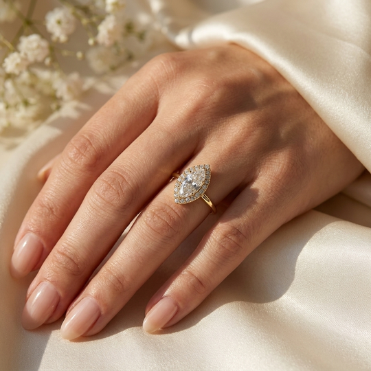 Halo Lumina Marquise Solitaire - marquise halo engagement ring - side profile - Lucano