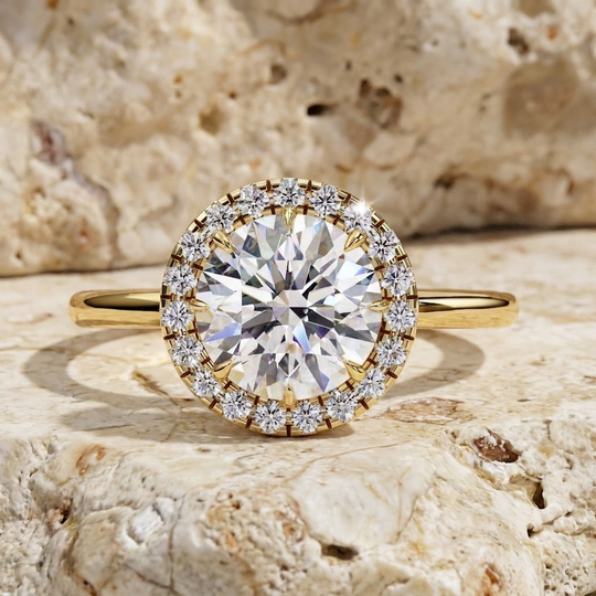 Halo Lumina Round Solitaire - round halo engagement ring - angled view - Lucano