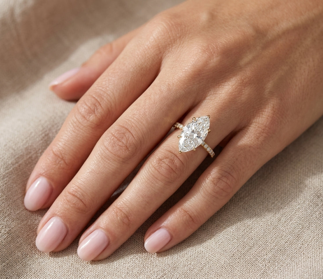 Mira Marquise Pavé Solitaire - marquise pavé engagement ring - angled view - Lucano