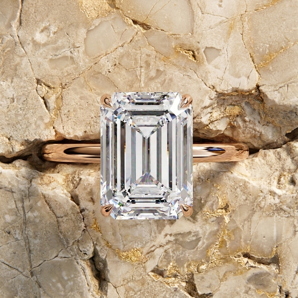 Vesper Emerald Hidden Halo Ring - emerald cut hidden halo engagement ring - on hand - Lucano