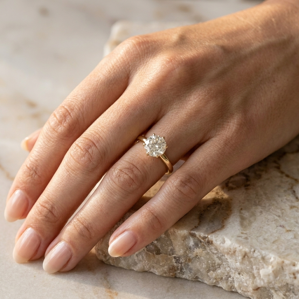 Helios Round Solitaire - round brilliant solitaire engagement ring - angled view - Lucano