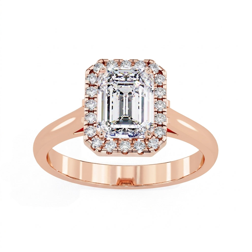 Aurelia Emerald Halo Ring - radiant cut halo engagement ring - three-quarter view - Lucano