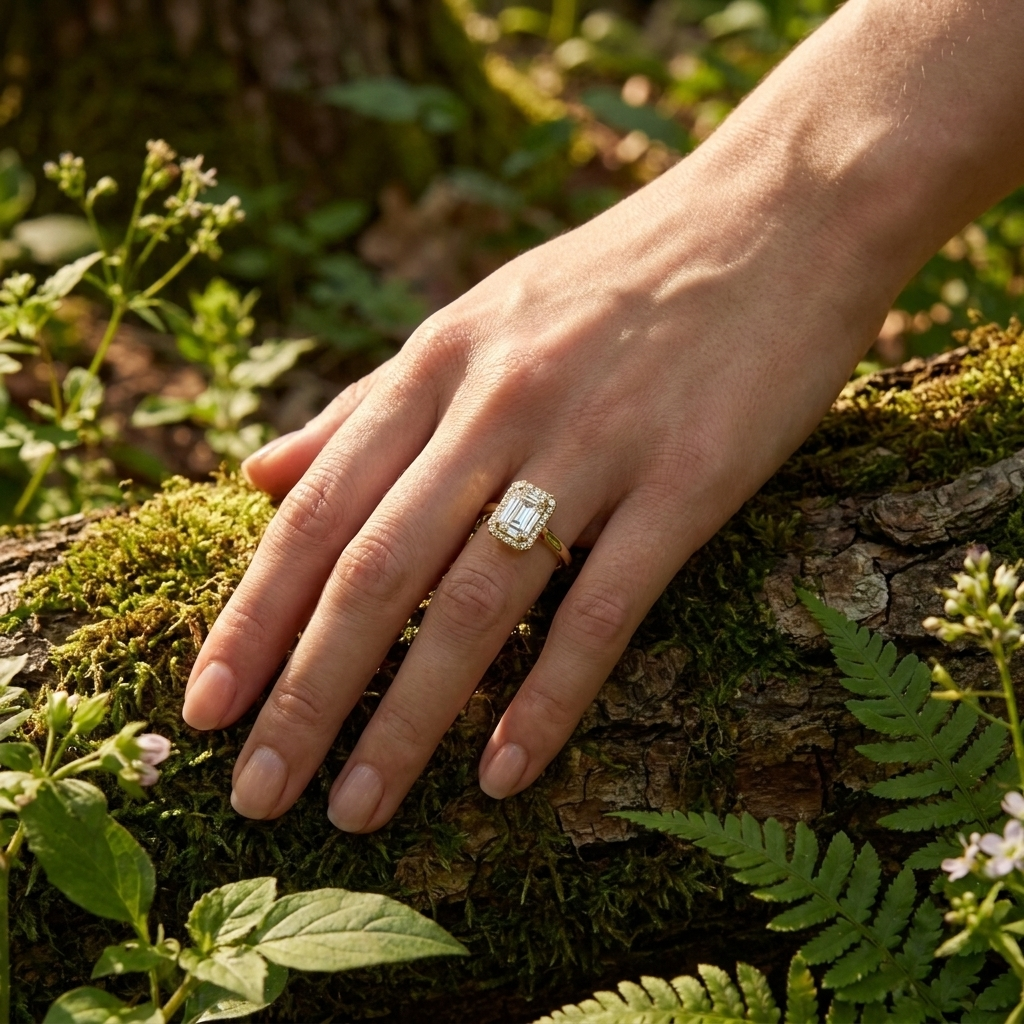 Aurelia Emerald Halo Ring - radiant cut halo engagement ring - angled view - Lucano