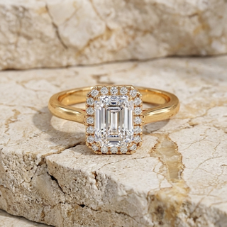Aurelia Emerald Halo Ring - radiant cut halo engagement ring - on hand - Lucano