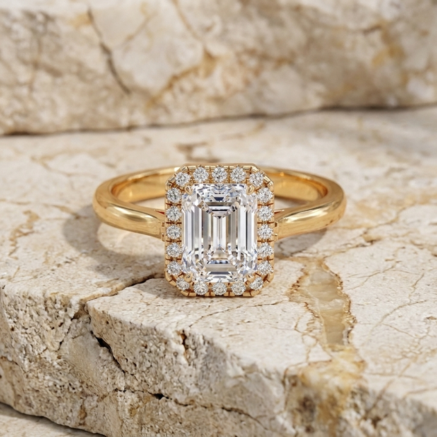 Aurelia Emerald Halo Ring - radiant cut halo engagement ring - on hand - Lucano