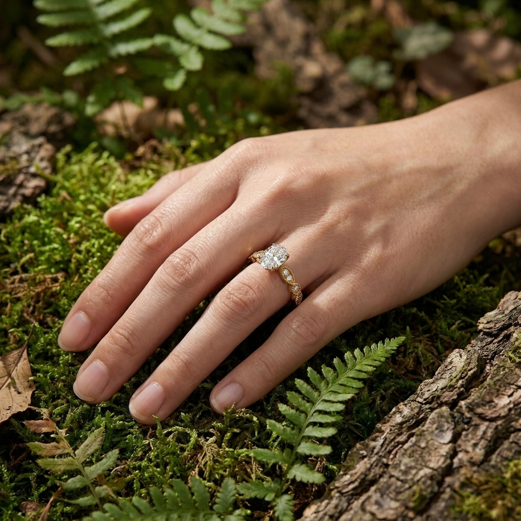 Vigna Oval Solitaire - oval pavé engagement ring - angled view - Lucano