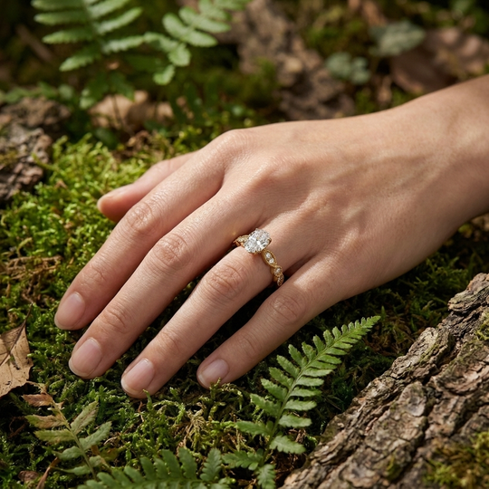Vigna Oval Solitaire - oval pavé engagement ring - angled view - Lucano