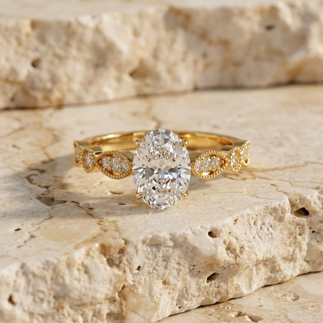 Vigna Oval Solitaire - oval pavé engagement ring - on hand - Lucano