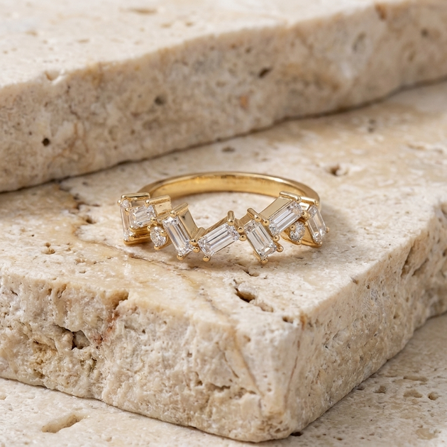 Tessera Baguette Cluster Ring - baguette diamond cluster ring - on hand - Lucano