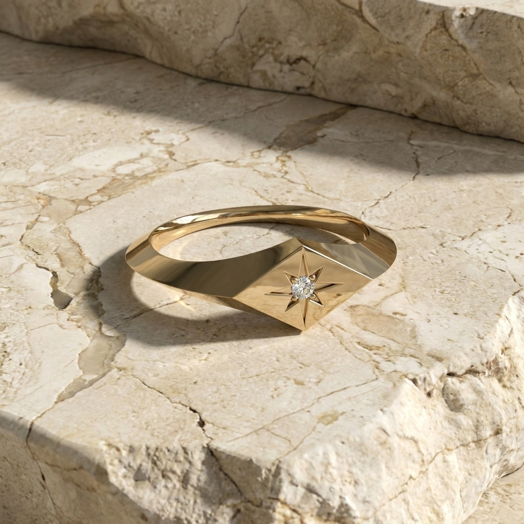 Stella Polare Signet Ring - diamond signet ring - on hand - Lucano