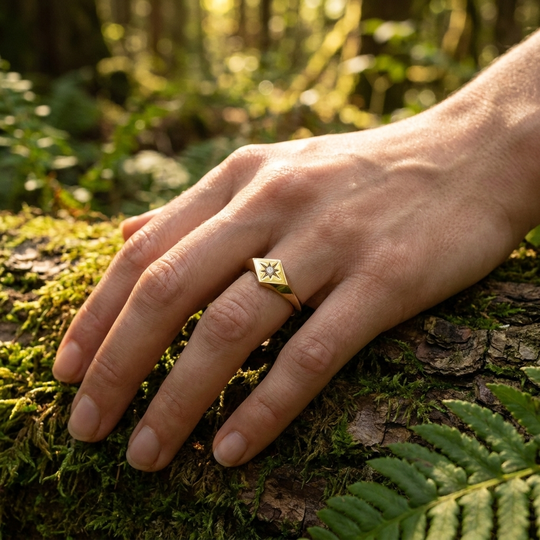 Stella Polare Signet Ring - diamond signet ring - three-quarter view - Lucano