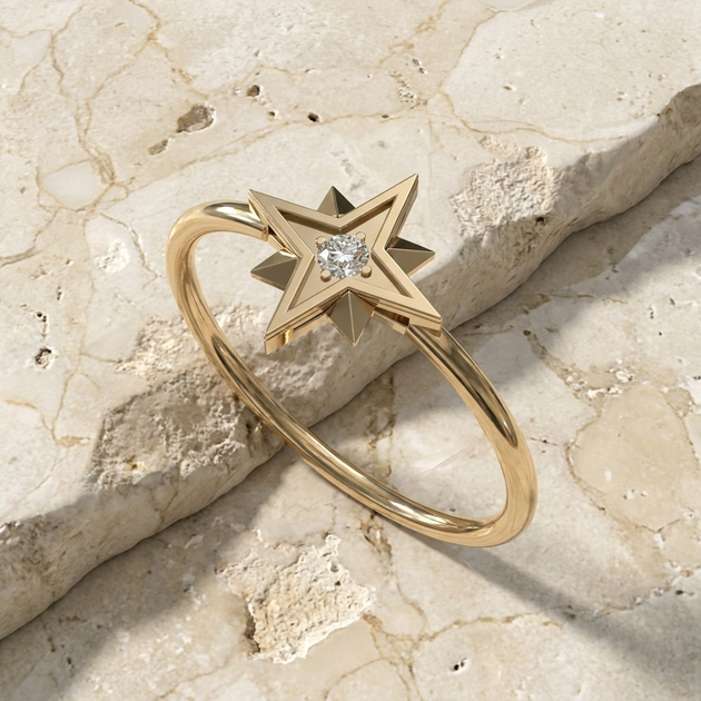 Lucia Star Ring - round brilliant diamond ring - on hand - Lucano