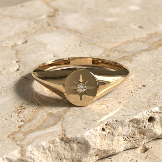 Polaris Star Signet Ring - star diamond signet ring - on hand - Lucano