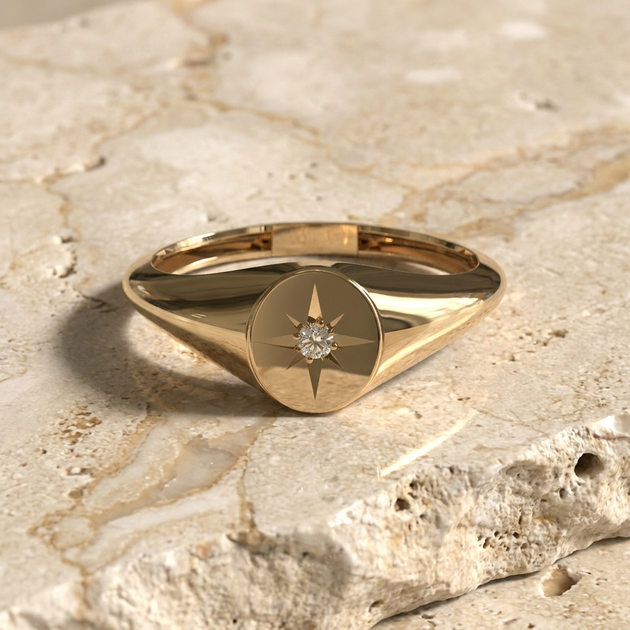 Polaris Star Signet Ring - star diamond signet ring - on hand - Lucano