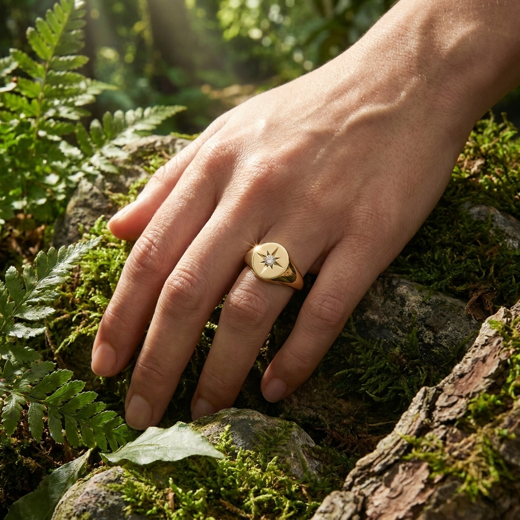 Polaris Star Signet Ring - star diamond signet ring - three-quarter view - Lucano