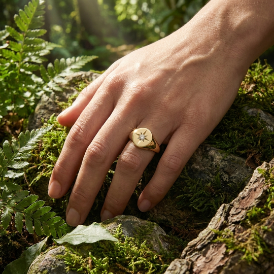 Polaris Star Signet Ring - star diamond signet ring - three-quarter view - Lucano