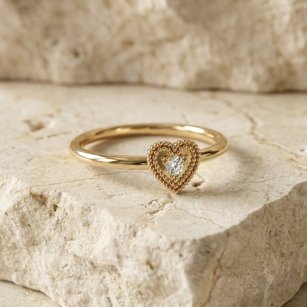 Cuore Ring - heart diamond stacking ring - on hand - Lucano