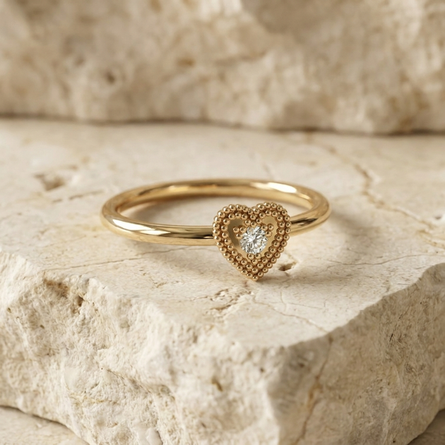 Cuore Ring - heart diamond stacking ring - on hand - Lucano