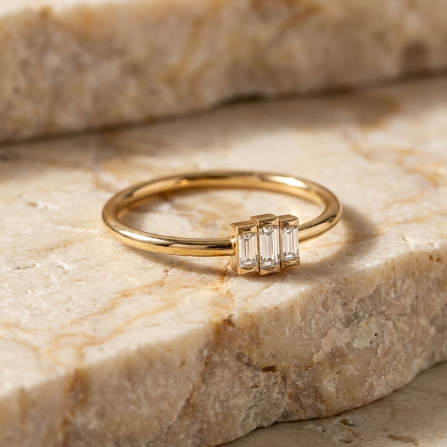 Tre Baguette Ring - baguette diamond ring - on hand - Lucano