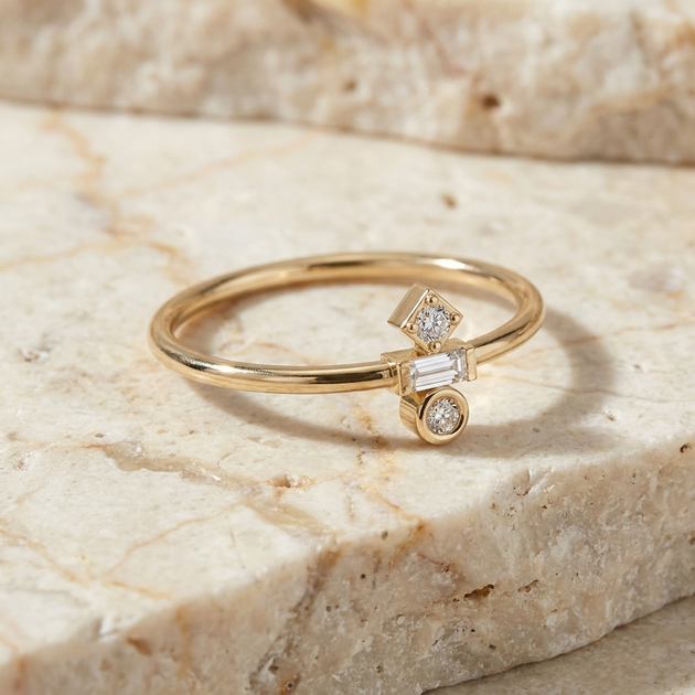Trio Geometrico Ring - baguette diamond stacking ring - front view - Lucano