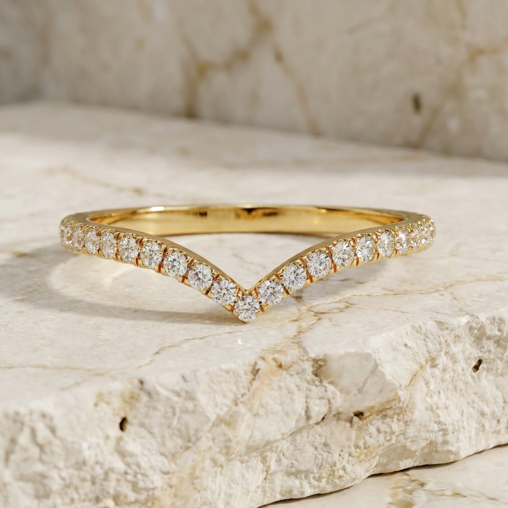 Diamond V Ring - diamond chevron wedding band - front view - Lucano