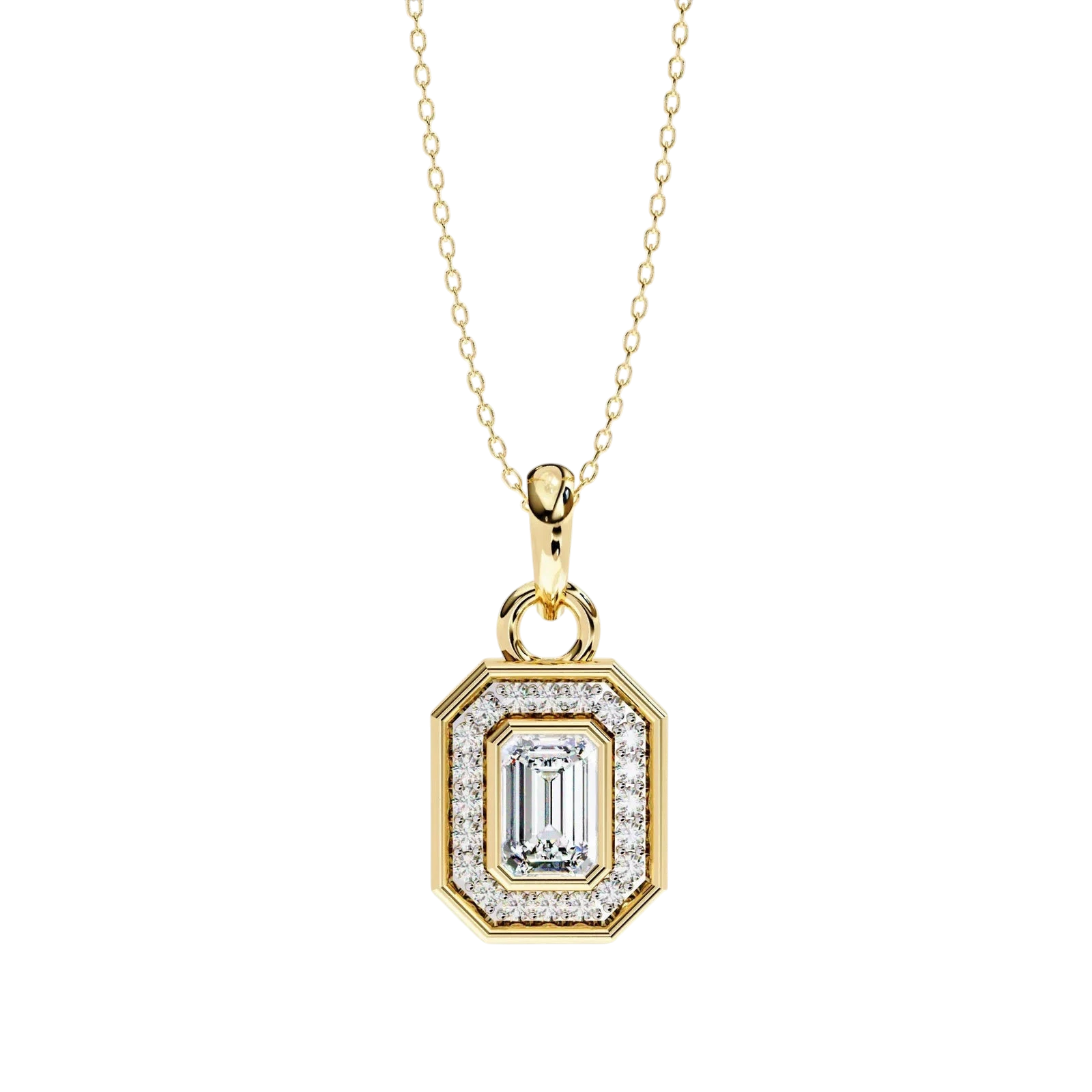 Lucano Aurelia Emerald Halo Pendant with 0.95ct diamonds in 9ct or 18ct yellow gold. Emerald-cut center stone surrounded by a diamond halo.