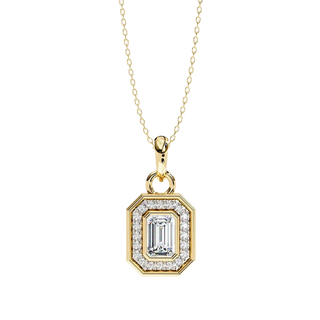 Lucano Aurelia Emerald Halo Pendant with 0.95ct diamonds in 9ct or 18ct yellow gold. Emerald-cut center stone surrounded by a diamond halo.