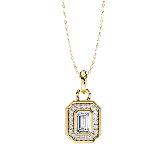 Lucano Aurelia Emerald Halo Pendant with 0.95ct diamonds in 9ct or 18ct yellow gold. Emerald-cut center stone surrounded by a diamond halo.