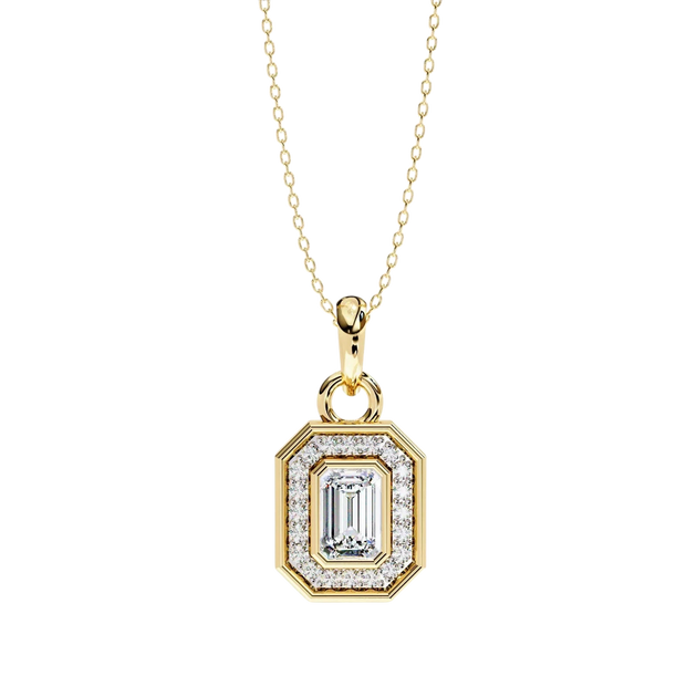 Lucano Aurelia Emerald Halo Pendant with 0.95ct diamonds in 9ct or 18ct yellow gold. Emerald-cut center stone surrounded by a diamond halo.