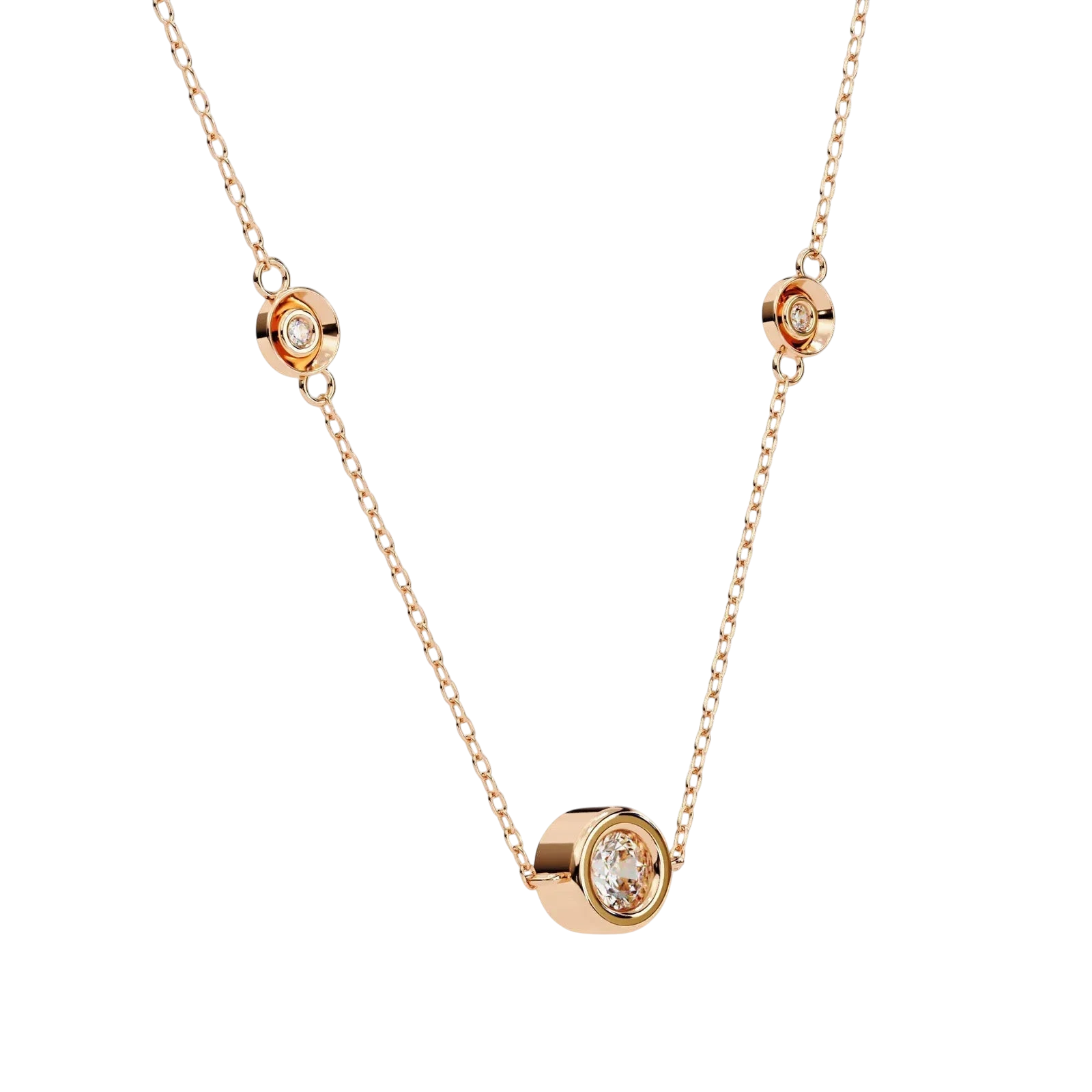 Lucano rose gold necklace with three bezel-set diamonds on a delicate cable chain. Designed for everyday wear.