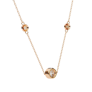 Lucano rose gold necklace with three bezel-set diamonds on a delicate cable chain. Designed for everyday wear.