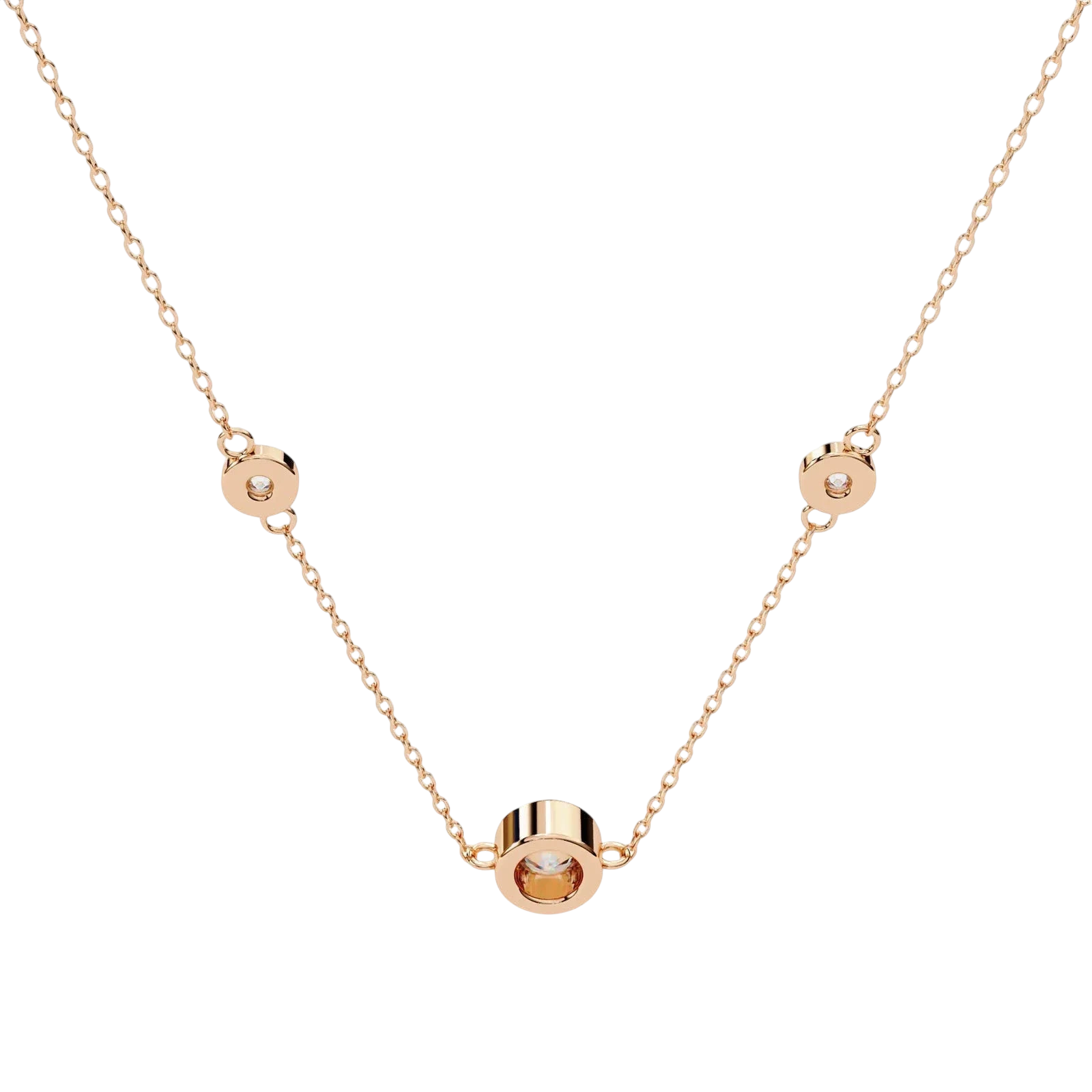 Lucano rose gold necklace with three bezel-set diamonds on a delicate cable chain. Designed for everyday wear.