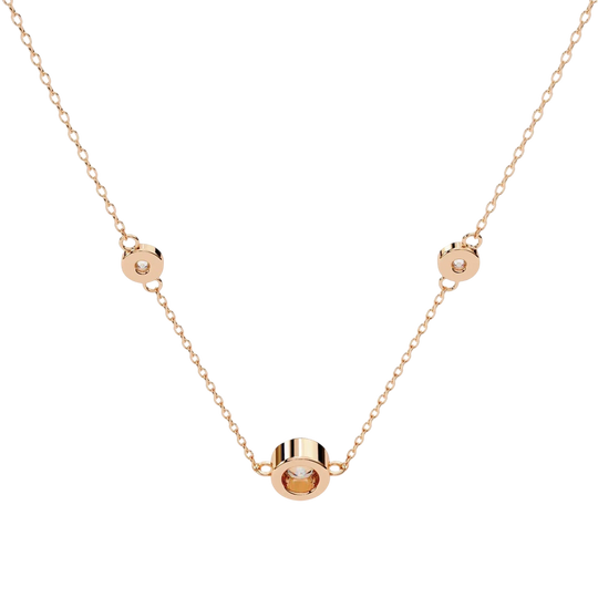 Lucano rose gold necklace with three bezel-set diamonds on a delicate cable chain. Designed for everyday wear.