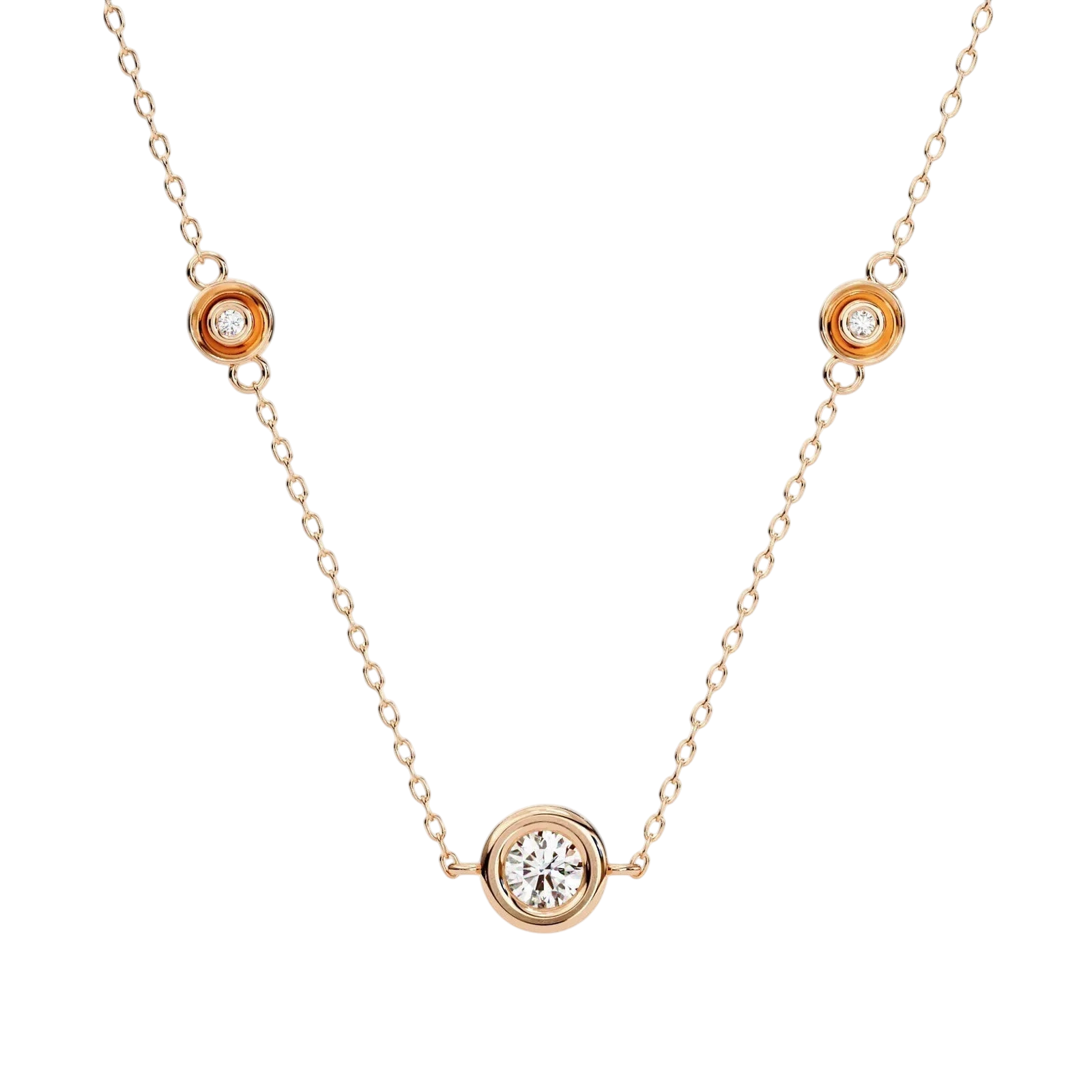 Lucano rose gold necklace with three bezel-set diamonds on a delicate cable chain. Designed for everyday wear.