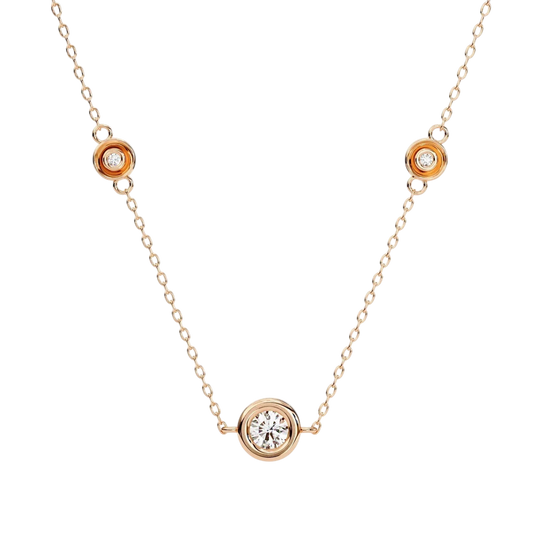 Lucano rose gold necklace with three bezel-set diamonds on a delicate cable chain. Designed for everyday wear.