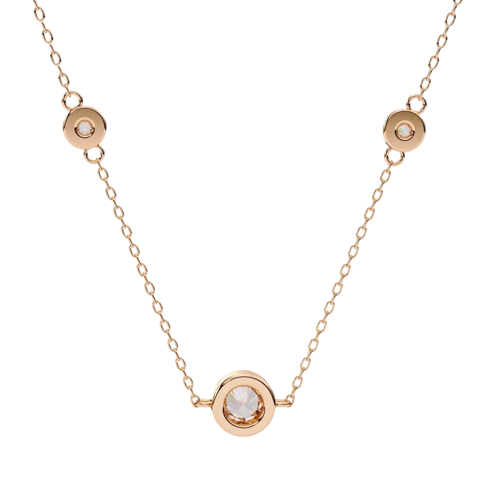 Lucano rose gold necklace with three bezel-set diamonds on a delicate cable chain. Timeless elegance.