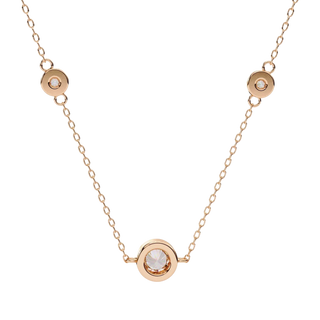 Lucano rose gold necklace with three bezel-set diamonds on a delicate cable chain. Timeless elegance.