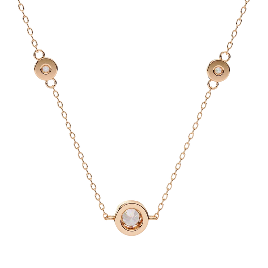 Lucano rose gold necklace with three bezel-set diamonds on a delicate cable chain. Timeless elegance.