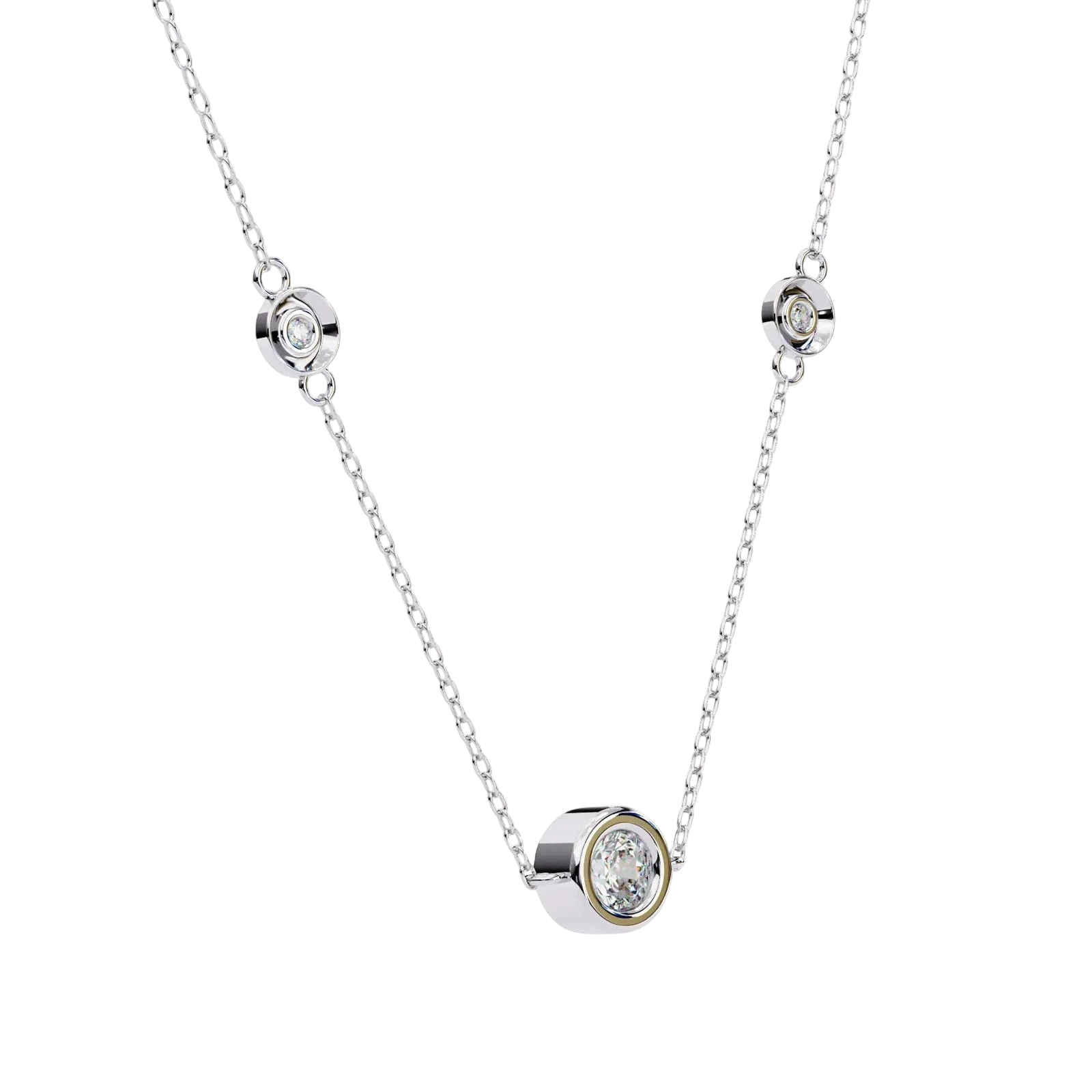 Lucano Stelle Trio Bezel Necklace with diamonds set in white gold chain, 17cm length.
