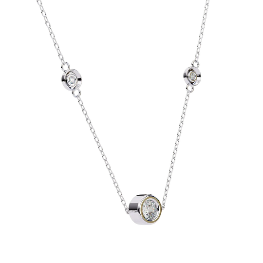 Lucano Stelle Trio Bezel Necklace with diamonds set in white gold chain, 17cm length.