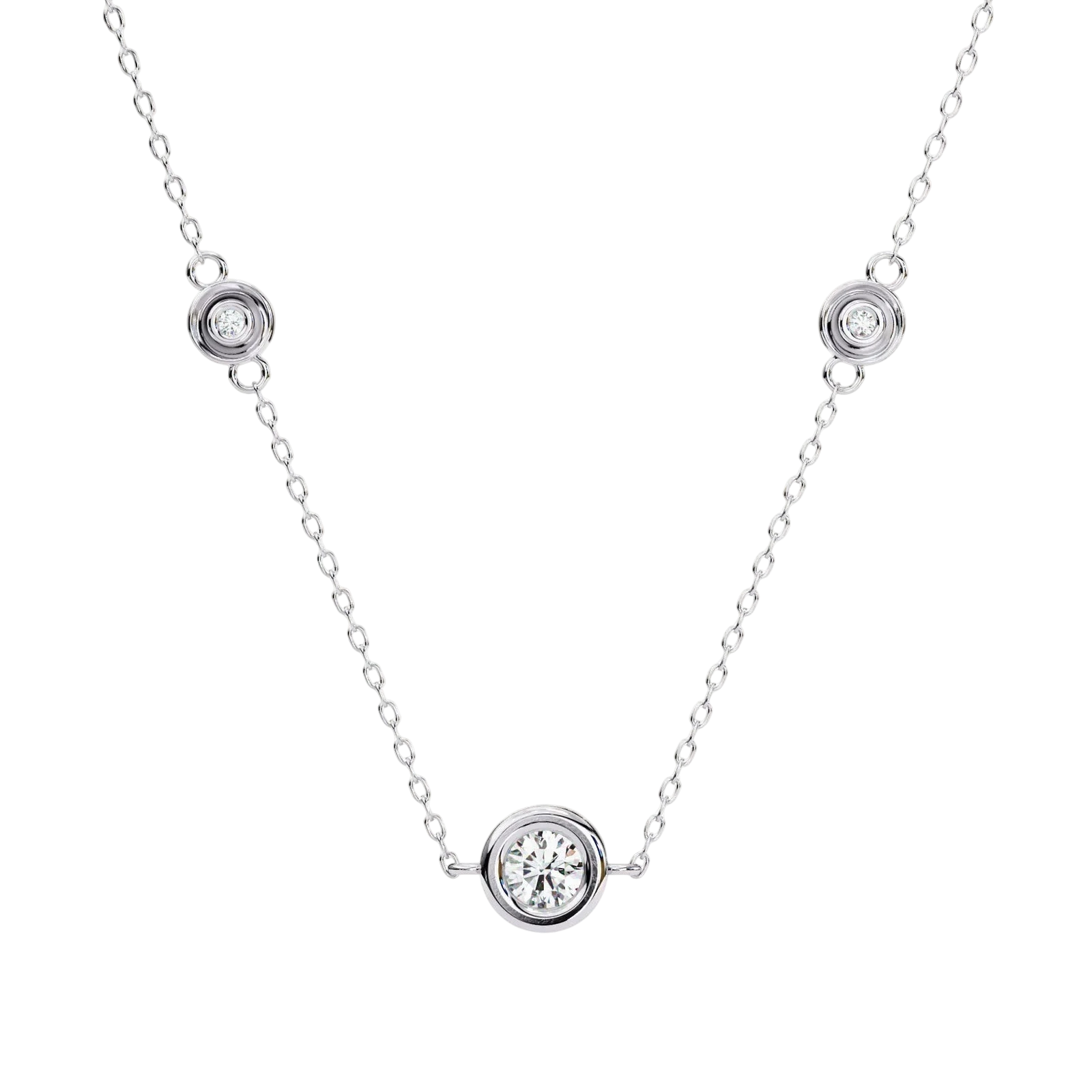 Lucano Stelle Trio Bezel Necklace in white gold with three bezel-set diamonds on a delicate cable chain.