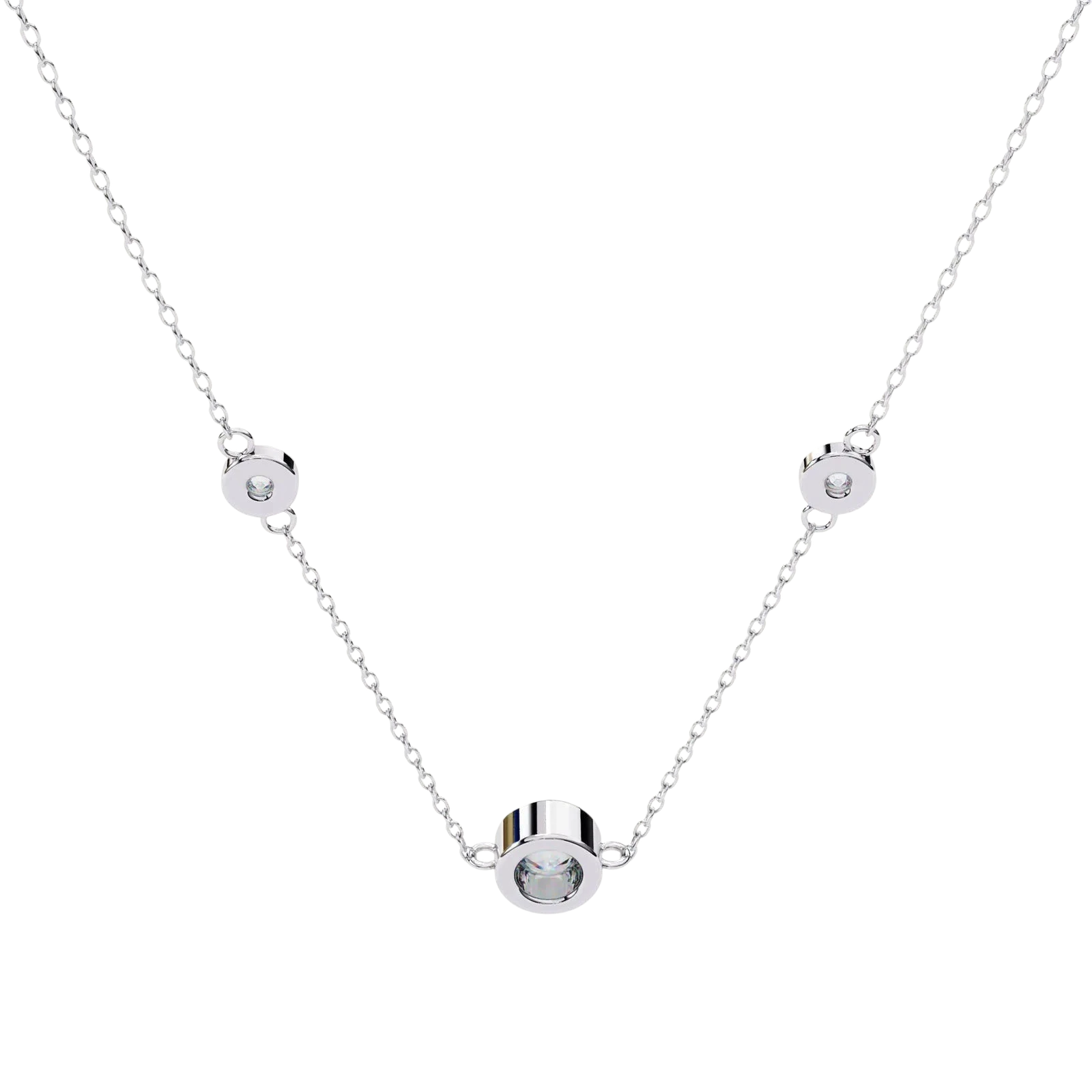 Lucano white gold necklace with three bezel-set diamonds on a delicate cable chain. Elegant and timeless.